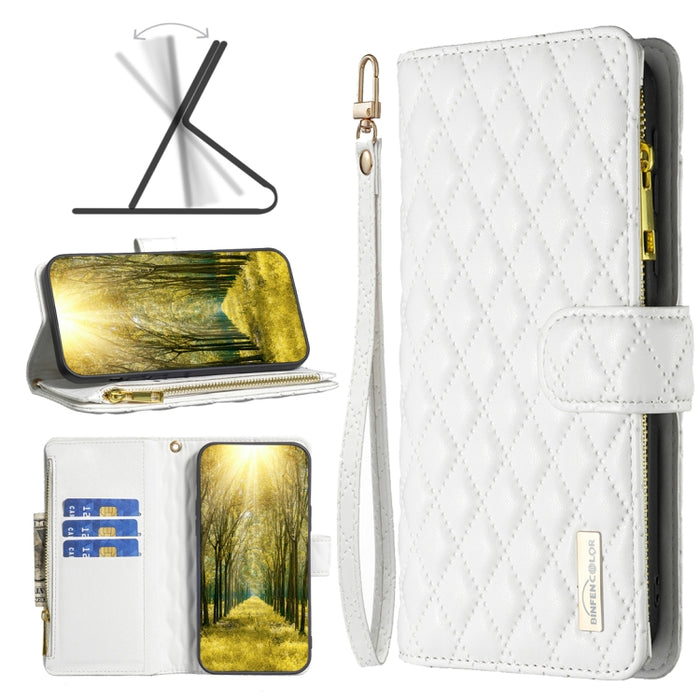 Estuche para teléfono con tapa de cuero tipo billetera con cremallera Diamond Lattice