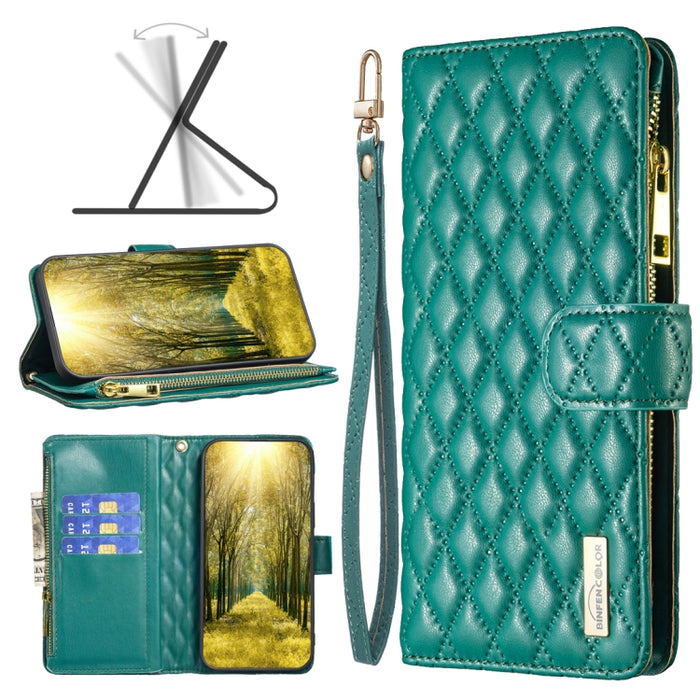Estuche para teléfono con tapa de cuero tipo billetera con cremallera Diamond Lattice