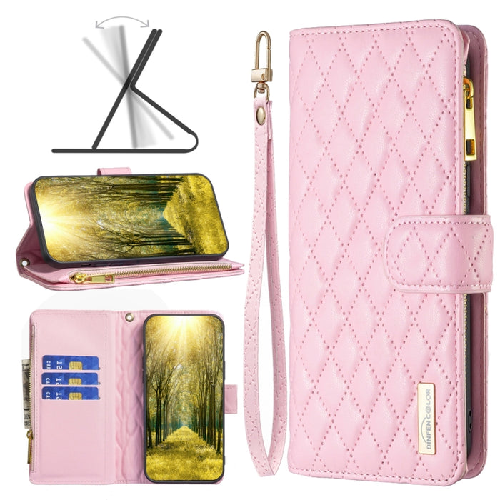 Estuche para teléfono con tapa de cuero tipo billetera con cremallera Diamond Lattice