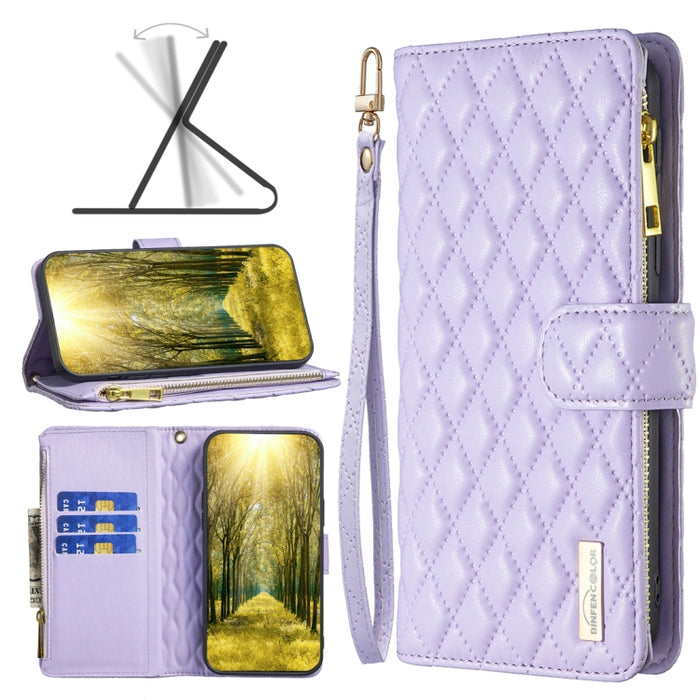 Estuche para teléfono con tapa de cuero tipo billetera con cremallera Diamond Lattice