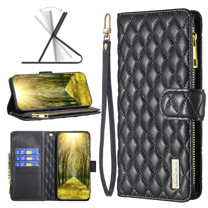 Estuche para teléfono con tapa de cuero tipo billetera con cremallera Diamond Lattice