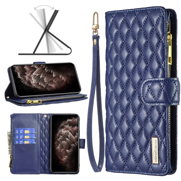 Estuche para teléfono con tapa de cuero tipo billetera con cremallera Diamond Lattice