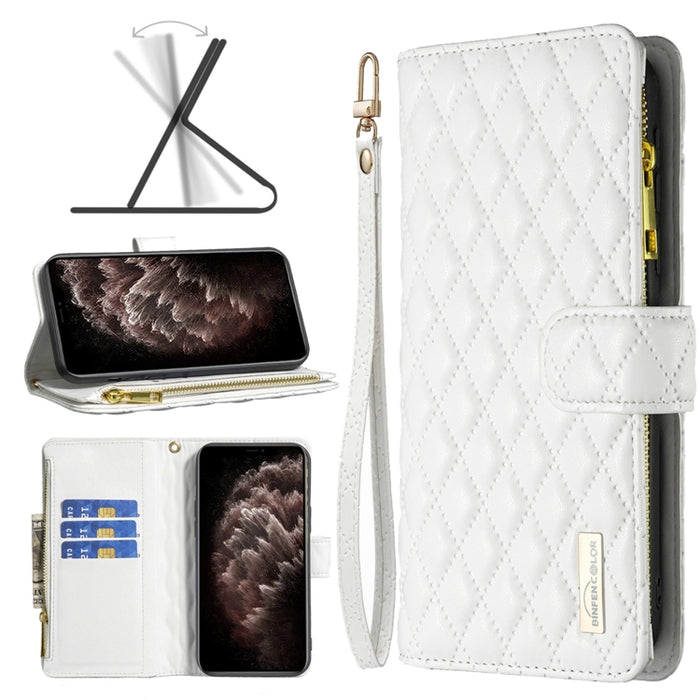Estuche para teléfono con tapa de cuero tipo billetera con cremallera Diamond Lattice
