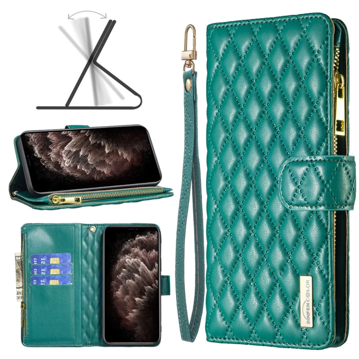 Estuche para teléfono con tapa de cuero tipo billetera con cremallera Diamond Lattice