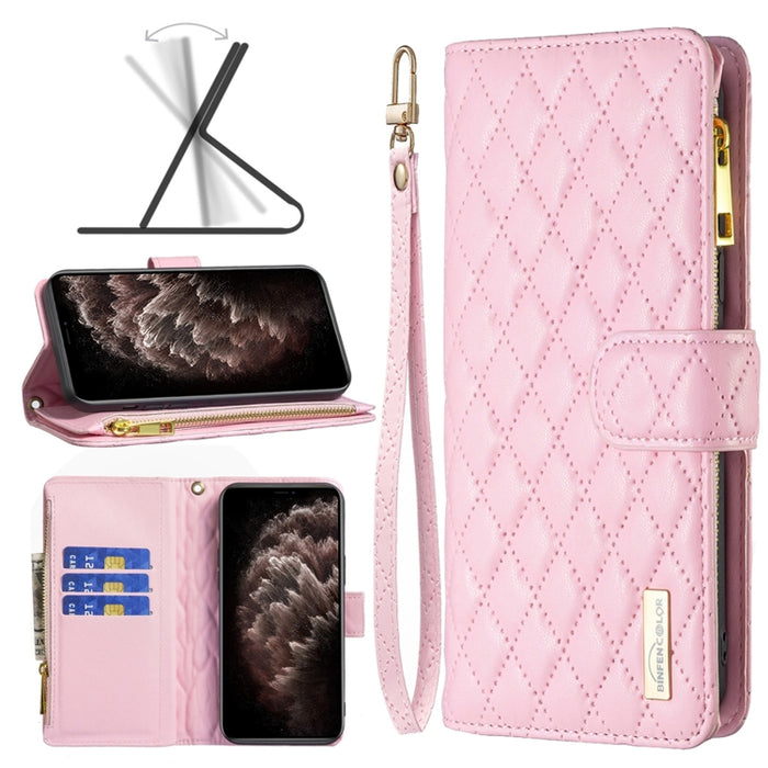 Estuche para teléfono con tapa de cuero tipo billetera con cremallera Diamond Lattice