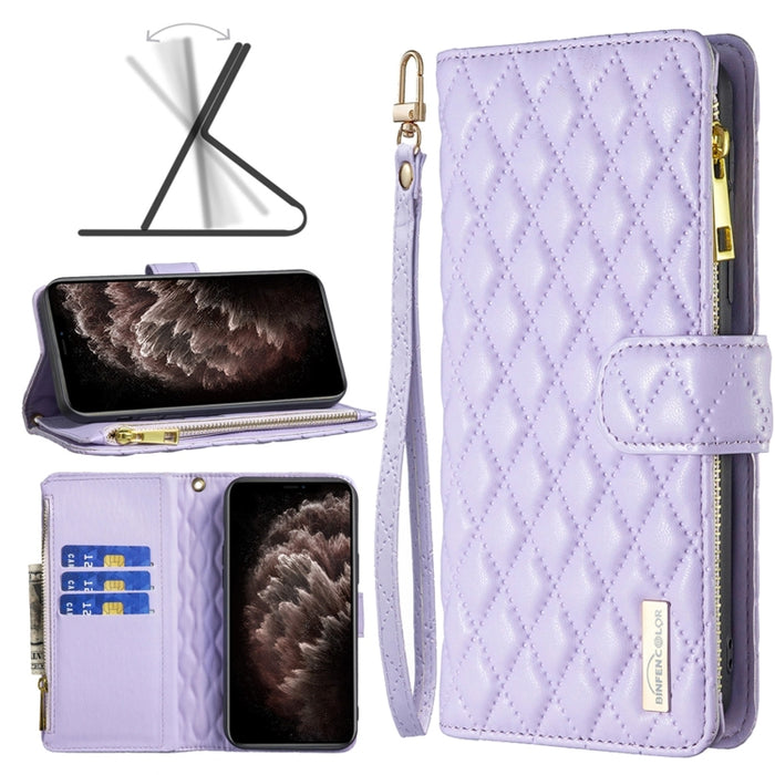 Estuche para teléfono con tapa de cuero tipo billetera con cremallera Diamond Lattice