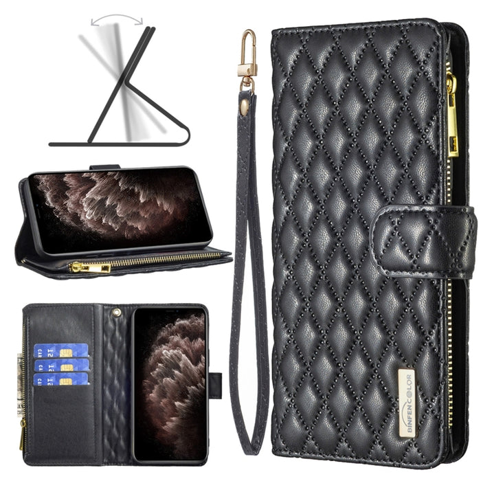 Estuche para teléfono con tapa de cuero tipo billetera con cremallera Diamond Lattice