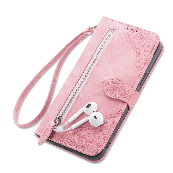 Estuche para teléfono de cuero a prueba de golpes con flores en relieve
