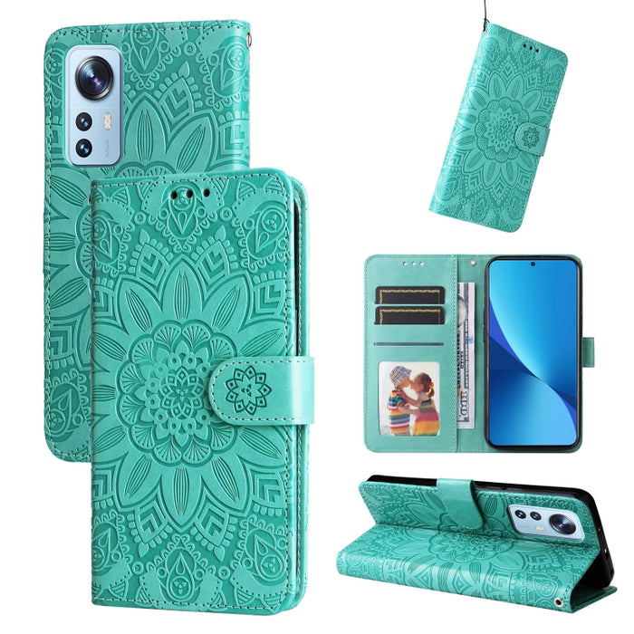 Estuche para teléfono de cuero con estampado de girasol en relieve, For Xiaomi 12 Lite, For Xiaomi 12 Pro, For Xiaomi 12 / 12X, For Xiaomi Poco M3 / Redmi 9T / Redmi 9 Power, For Xiaomi Poco X3 NFC