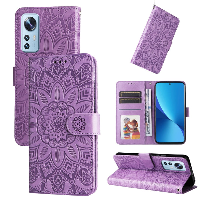 Estuche para teléfono de cuero con estampado de girasol en relieve, For Xiaomi 12 Lite, For Xiaomi 12 Pro, For Xiaomi 12 / 12X, For Xiaomi Poco M3 / Redmi 9T / Redmi 9 Power, For Xiaomi Poco X3 NFC