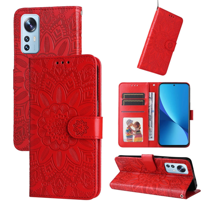 Estuche para teléfono de cuero con estampado de girasol en relieve, For Xiaomi 12 Lite, For Xiaomi 12 Pro, For Xiaomi 12 / 12X, For Xiaomi Poco M3 / Redmi 9T / Redmi 9 Power, For Xiaomi Poco X3 NFC
