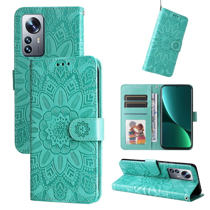 Estuche para teléfono de cuero con estampado de girasol en relieve, For Xiaomi 12 Lite, For Xiaomi 12 Pro, For Xiaomi 12 / 12X, For Xiaomi Poco M3 / Redmi 9T / Redmi 9 Power, For Xiaomi Poco X3 NFC