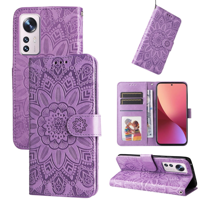 Estuche para teléfono de cuero con estampado de girasol en relieve, For Xiaomi 12 Lite, For Xiaomi 12 Pro, For Xiaomi 12 / 12X, For Xiaomi Poco M3 / Redmi 9T / Redmi 9 Power, For Xiaomi Poco X3 NFC