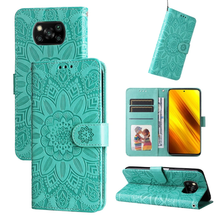 Estuche para teléfono de cuero con estampado de girasol en relieve, For Xiaomi 12 Lite, For Xiaomi 12 Pro, For Xiaomi 12 / 12X, For Xiaomi Poco M3 / Redmi 9T / Redmi 9 Power, For Xiaomi Poco X3 NFC