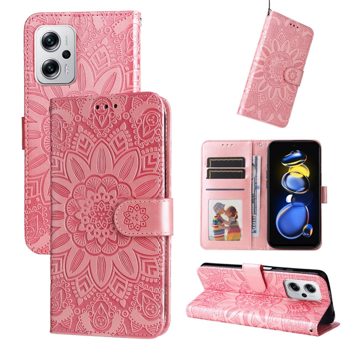 Estuche para teléfono de cuero con estampado de girasol en relieve, For Xiaomi Redmi K40S / Poco F4, For Xiaomi Redmi Note 11T Pro/Poco X4 GT, For Infinix Hot 12, For Infinix Hot 12 Play, For Infinix Smart 6