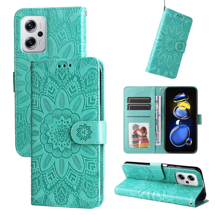 Estuche para teléfono de cuero con estampado de girasol en relieve, For Xiaomi Redmi K40S / Poco F4, For Xiaomi Redmi Note 11T Pro/Poco X4 GT, For Infinix Hot 12, For Infinix Hot 12 Play, For Infinix Smart 6