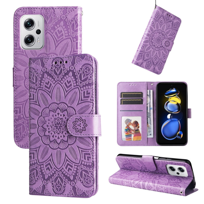 Estuche para teléfono de cuero con estampado de girasol en relieve, For Xiaomi Redmi K40S / Poco F4, For Xiaomi Redmi Note 11T Pro/Poco X4 GT, For Infinix Hot 12, For Infinix Hot 12 Play, For Infinix Smart 6