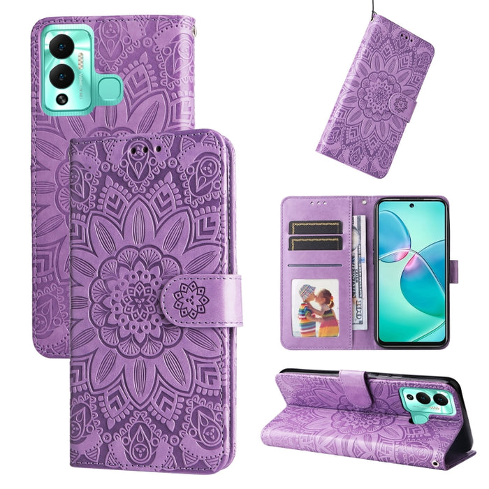 Estuche para teléfono de cuero con estampado de girasol en relieve, For Xiaomi Redmi K40S / Poco F4, For Xiaomi Redmi Note 11T Pro/Poco X4 GT, For Infinix Hot 12, For Infinix Hot 12 Play, For Infinix Smart 6