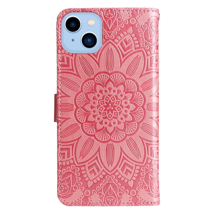 Estuche para teléfono de cuero con estampado de girasol en relieve, For iPhone 14, For iPhone 14 Plus, For iPhone 14 Pro, For iPhone 14 Pro Max