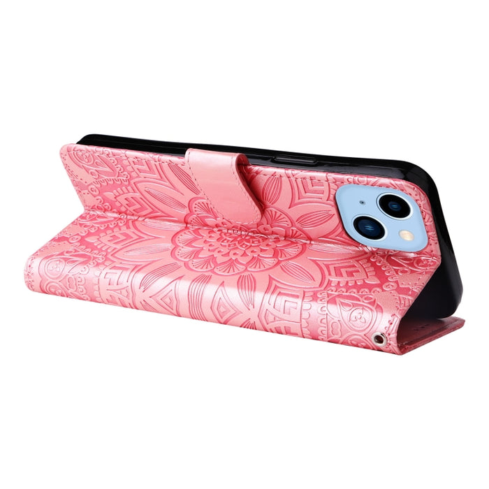 Estuche para teléfono de cuero con estampado de girasol en relieve, For iPhone 14, For iPhone 14 Plus, For iPhone 14 Pro, For iPhone 14 Pro Max
