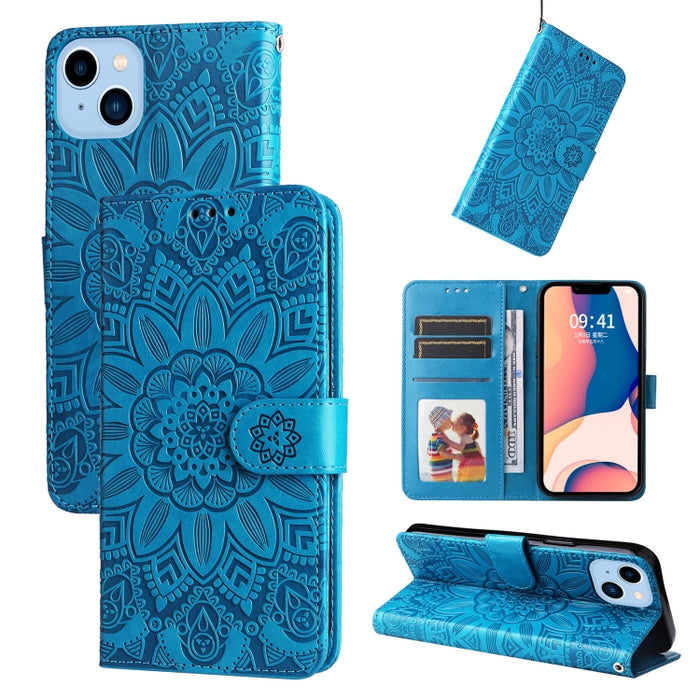 Estuche para teléfono de cuero con estampado de girasol en relieve, For iPhone 14, For iPhone 14 Plus, For iPhone 14 Pro, For iPhone 14 Pro Max