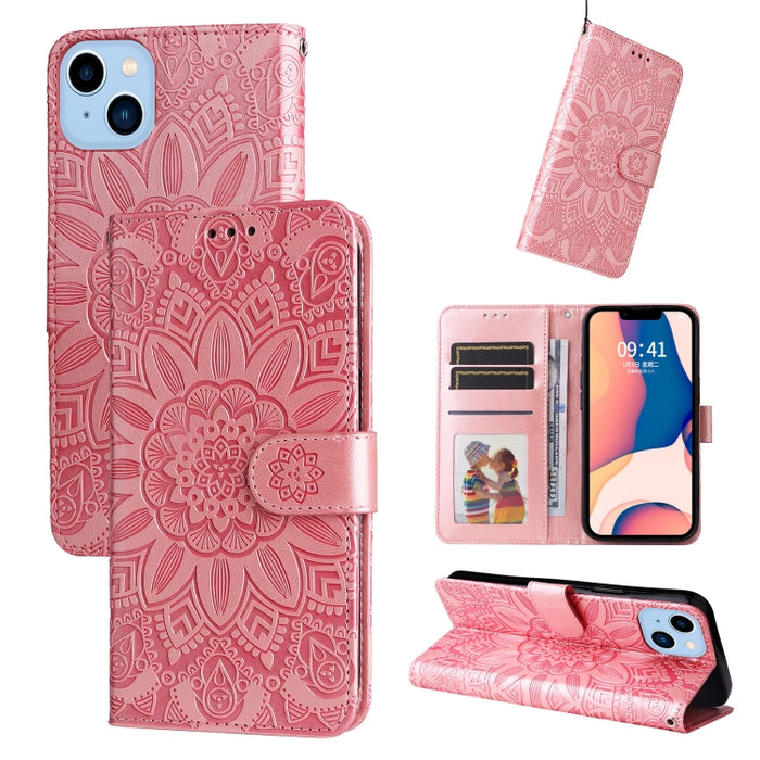 Estuche para teléfono de cuero con estampado de girasol en relieve, For iPhone 14, For iPhone 14 Plus, For iPhone 14 Pro, For iPhone 14 Pro Max