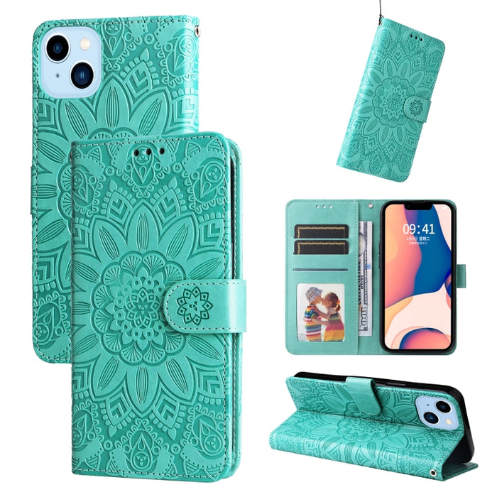 Estuche para teléfono de cuero con estampado de girasol en relieve, For iPhone 14, For iPhone 14 Plus, For iPhone 14 Pro, For iPhone 14 Pro Max