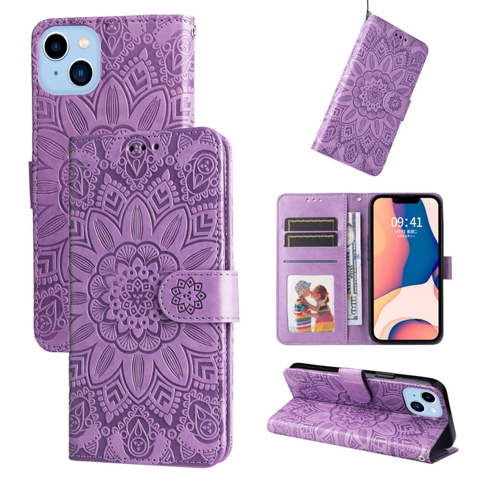 Estuche para teléfono de cuero con estampado de girasol en relieve, For iPhone 14, For iPhone 14 Plus, For iPhone 14 Pro, For iPhone 14 Pro Max