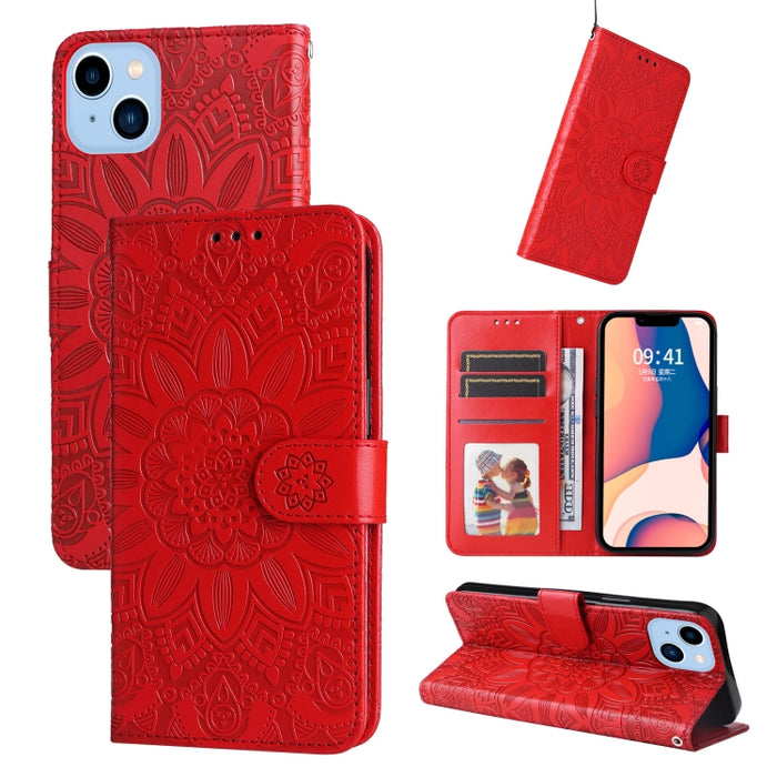 Estuche para teléfono de cuero con estampado de girasol en relieve, For iPhone 14, For iPhone 14 Plus, For iPhone 14 Pro, For iPhone 14 Pro Max