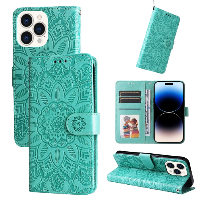 Estuche para teléfono de cuero con estampado de girasol en relieve, For iPhone 14, For iPhone 14 Plus, For iPhone 14 Pro, For iPhone 14 Pro Max
