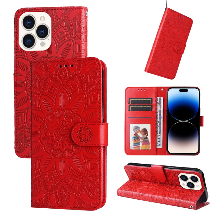 Estuche para teléfono de cuero con estampado de girasol en relieve, For iPhone 14, For iPhone 14 Plus, For iPhone 14 Pro, For iPhone 14 Pro Max