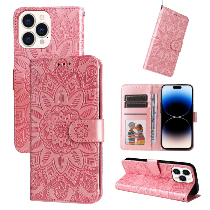 Estuche para teléfono de cuero con estampado de girasol en relieve, For iPhone 14, For iPhone 14 Plus, For iPhone 14 Pro, For iPhone 14 Pro Max