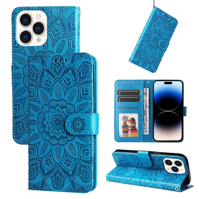 Estuche para teléfono de cuero con estampado de girasol en relieve, For iPhone 14, For iPhone 14 Plus, For iPhone 14 Pro, For iPhone 14 Pro Max