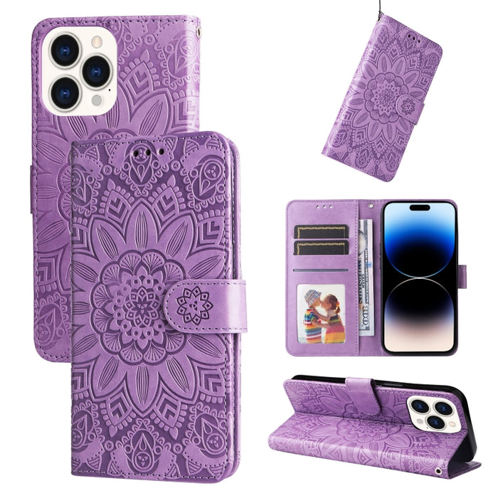 Estuche para teléfono de cuero con estampado de girasol en relieve, For iPhone 14, For iPhone 14 Plus, For iPhone 14 Pro, For iPhone 14 Pro Max