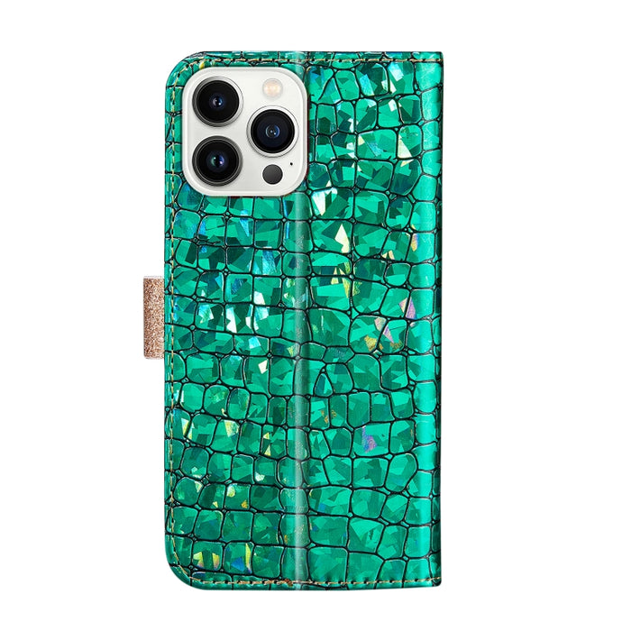 Estuche para teléfono de cuero con textura de cocodrilo a juego con polvo de brillo láser
