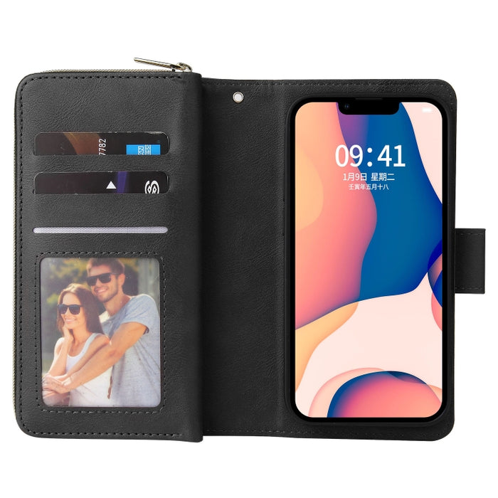 9 Ranuras para tarjetas Cremallera Monedero Funda de cuero para teléfono