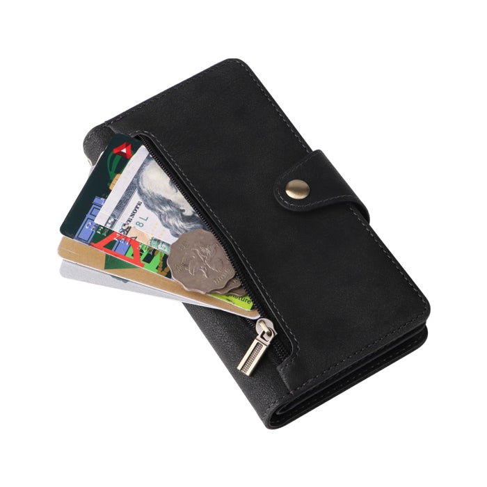 Caja de teléfono de cuero con tres pliegues para 9 tarjetas con hebilla de remache