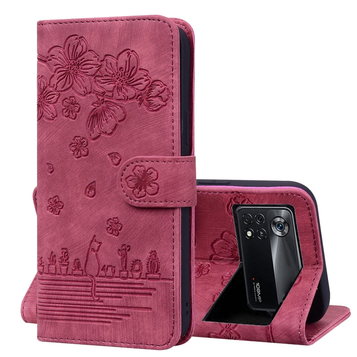 Caja de teléfono de cuero en relieve de dibujos animados Sakura Cat, For Xiaomi Poco F4 GT, For Xiaomi Poco M3 / Redmi 9T Global, For Xiaomi Poco X3 / X3 NFC, For Xiaomi Redmi K40 / K40 Pro, For Xiaomi Redmi Note 11 Pro 4G / 5G                         ...