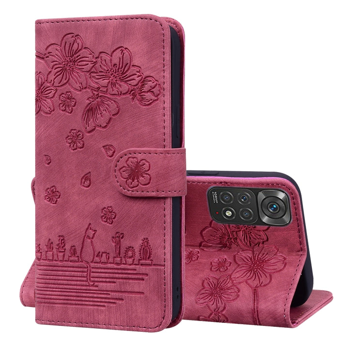 Caja de teléfono de cuero en relieve de dibujos animados Sakura Cat, For Xiaomi Poco F4 GT, For Xiaomi Poco M3 / Redmi 9T Global, For Xiaomi Poco X3 / X3 NFC, For Xiaomi Redmi K40 / K40 Pro, For Xiaomi Redmi Note 11 Pro 4G / 5G                         ...