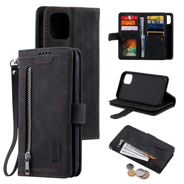 Estuche de cuero con 9 ranuras para tarjetas con cremallera