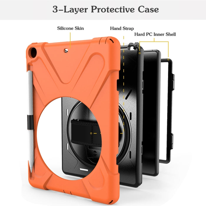 Para iPad 9.7 (2018) y (2017) Funda protectora de silicona con rotación de 360 grados con soporte y correa de mano y correa larga y ranura para lápiz