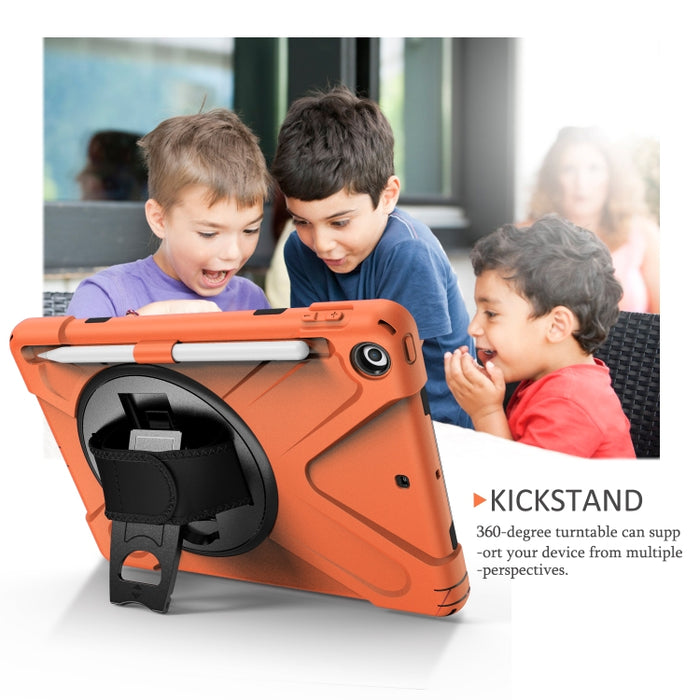 Para iPad 9.7 (2018) y (2017) Funda protectora de silicona con rotación de 360 grados con soporte y correa de mano y correa larga y ranura para lápiz