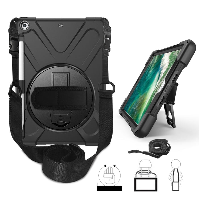 Para iPad 9.7 (2018) y (2017) Funda protectora de silicona con rotación de 360 grados con soporte y correa de mano y correa larga y ranura para lápiz