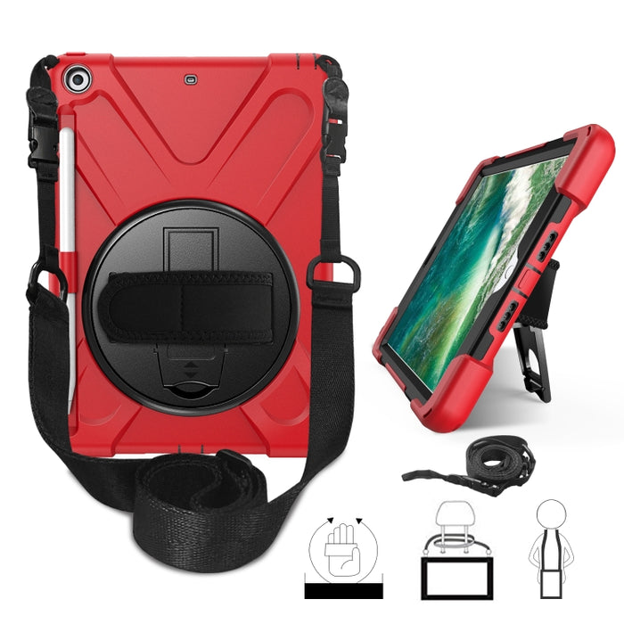 Para iPad 9.7 (2018) y (2017) Funda protectora de silicona con rotación de 360 grados con soporte y correa de mano y correa larga y ranura para lápiz