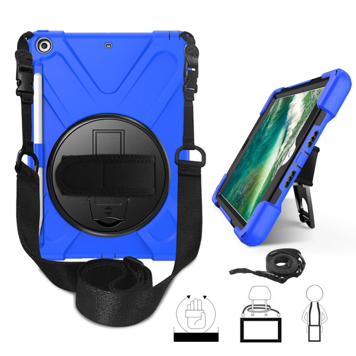 Para iPad 9.7 (2018) y (2017) Funda protectora de silicona con rotación de 360 grados con soporte y correa de mano y correa larga y ranura para lápiz