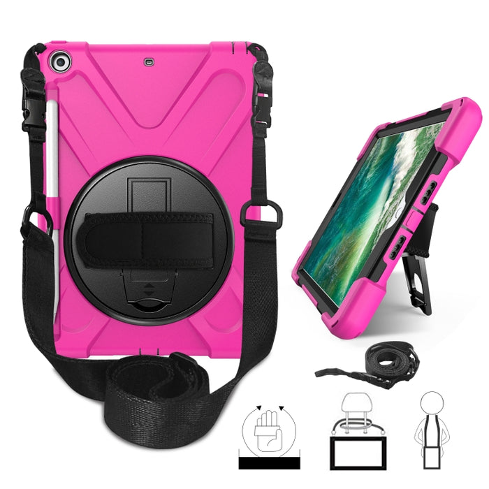 Para iPad 9.7 (2018) y (2017) Funda protectora de silicona con rotación de 360 grados con soporte y correa de mano y correa larga y ranura para lápiz