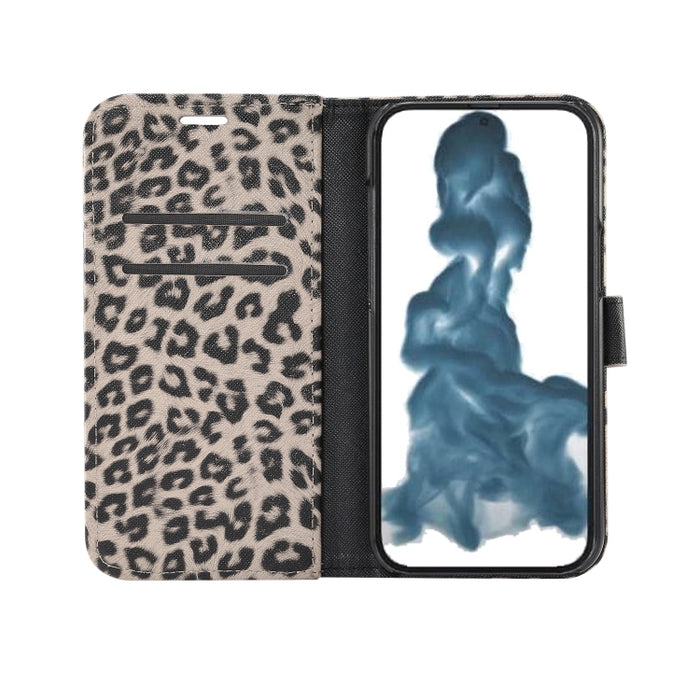 Estuche para teléfono de cuero con tapa horizontal con estampado de leopardo
