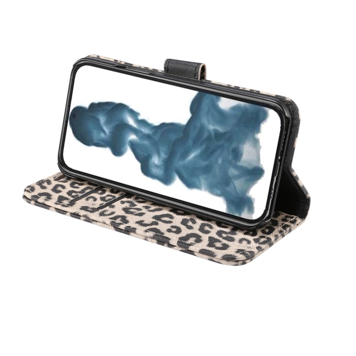 Estuche para teléfono de cuero con tapa horizontal con estampado de leopardo