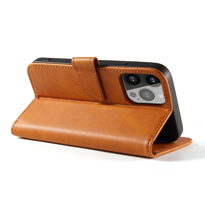 Estuche para teléfono de cuero con tapa y hebilla con textura de becerro