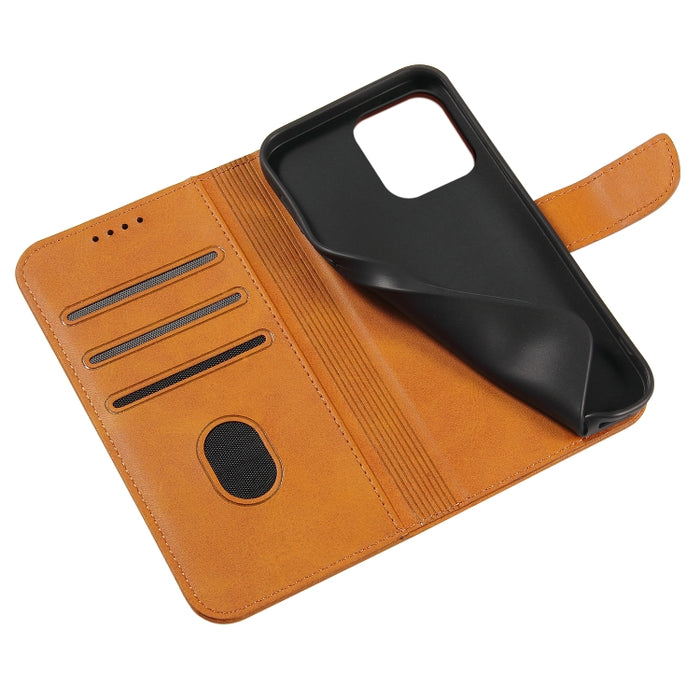 Estuche para teléfono de cuero con tapa y hebilla con textura de becerro